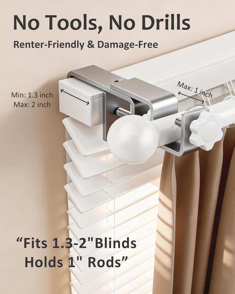 Mimiio Over Blinds Curtain Rod Brackets for Outside Mounted, No-Drill Blinds Curtain Rod Holders for 1.3-2" Rectangular Headrails, Tool-Free & No Wall Damage, Apartment & Renter Friendly (Set of 3, Silver) - Image 2